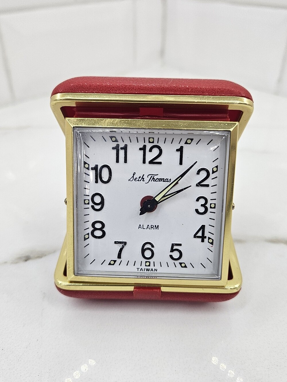 VTG Seth Thomas Travel Alarm Clock Red Gold Case Winder Tested Works GLOW Taiwan